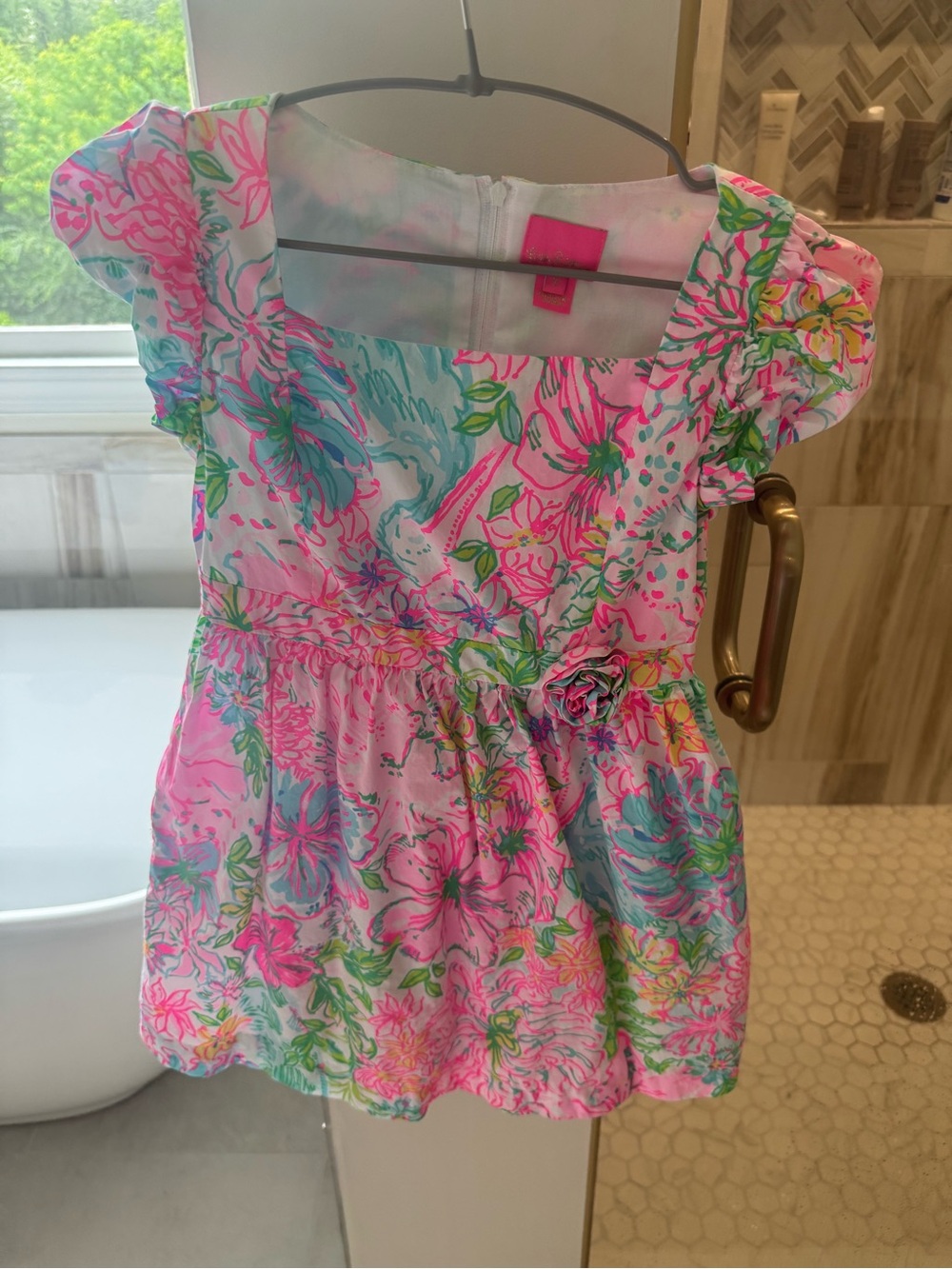 Lilly Pulitzer Pink Floral Girls' Sundress with Aqua and Green Accents